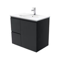 Fienza Fingerpull Satin Black 750 Wall Hung Cabinet, Solid Door , With Moulded Basin-Top - Rotondo Ceramic Left Hand Drawer