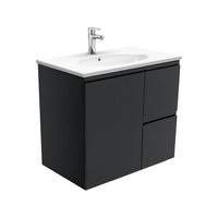 Fienza Fingerpull Satin Black 750 Wall Hung Cabinet, Solid Door , With Moulded Basin-Top - Rotondo Ceramic Right Hand Drawer