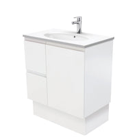 Fienza Fingerpull Satin White 750 Cabinet on Kickboard , With Moulded Basin-Top - Rotondo Ceramic Left Hand Drawer