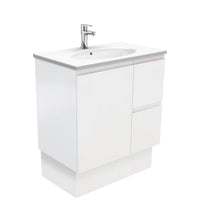 Fienza Fingerpull Satin White 750 Cabinet on Kickboard , With Moulded Basin-Top - Rotondo Ceramic Right Hand Drawer