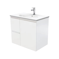 Fienza Fingerpull Satin White 750 Wall Hung Cabinet, Solid Door , With Moulded Basin-Top - Rotondo Ceramic Left Hand Drawer