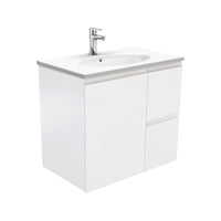 Fienza Fingerpull Satin White 750 Wall Hung Cabinet, Solid Door , With Moulded Basin-Top - Rotondo Ceramic Right Hand Drawer