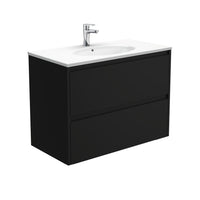 Fienza Amato Satin Black 900 Wall Hung Cabinet, 2 Solid Drawers, Bevelled Edge , With Moulded Basin-Top - Rotondo Ceramic Satin Black Panels