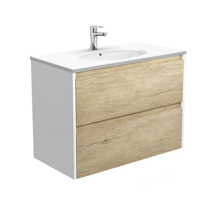Fienza Amato Scandi Oak 900 Wall Hung Cabinet, 2 Solid Drawers, Bevelled Edge , With Moulded Basin-Top - Rotondo Ceramic Satin White Panels