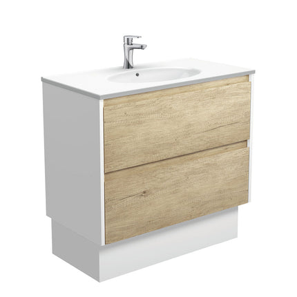 Fienza Amato Scandi Oak 900 Cabinet on Kickboard, Solid Panels, Bevelled Edge , With Moulded Basin-Top - Rotondo Ceramic Satin White Panels