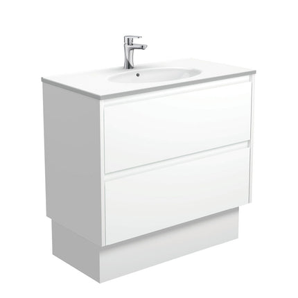 Fienza Amato Satin White 900 Cabinet on Kickboard, Solid Panels, Bevelled Edge , With Moulded Basin-Top - Rotondo Ceramic Satin White Panels