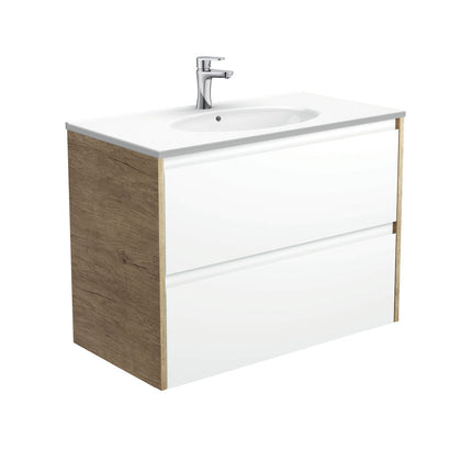 Fienza Amato Satin White 900 Wall Hung Cabinet, 2 Solid Drawers, Bevelled Edge , With Moulded Basin-Top - Rotondo Ceramic Scandi Oak Panels