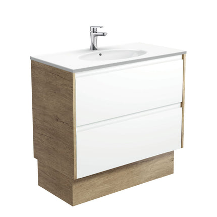 Fienza Amato Satin White 900 Cabinet on Kickboard, Solid Panels, Bevelled Edge , With Moulded Basin-Top - Rotondo Ceramic Scandi Oak Panels