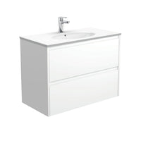 Fienza Amato Satin White 900 Wall Hung Cabinet, 2 Solid Drawers, Bevelled Edge , With Moulded Basin-Top - Rotondo Ceramic Satin White Panels