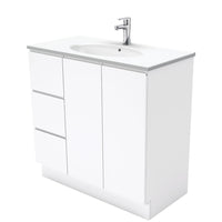 Fienza Fingerpull Gloss White 900 Cabinet on Kickboard , With Moulded Basin-Top - Rotondo Ceramic Left Hand Drawer