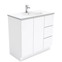 Fienza Fingerpull Gloss White 900 Cabinet on Kickboard , With Moulded Basin-Top - Rotondo Ceramic Right Hand Drawer