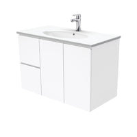 Fienza Fingerpull Gloss White 900 Wall Hung Cabinet, 2 Solid Drawers, Bevelled Edge , With Moulded Basin-Top - Rotondo Ceramic Left Hand Drawer
