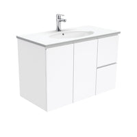 Fienza Fingerpull Gloss White 900 Wall Hung Cabinet, 2 Solid Drawers, Bevelled Edge , With Moulded Basin-Top - Rotondo Ceramic Right Hand Drawer