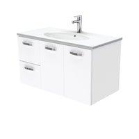 Fienza UniCab Gloss White 900 Wall Hung Cabinet, Solid Doors , With Moulded Basin-Top - Rotondo Ceramic Left Hand Drawer