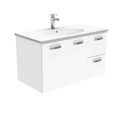 Fienza UniCab Gloss White 900 Wall Hung Cabinet, Solid Doors , With Moulded Basin-Top - Rotondo Ceramic Right Hand Drawer