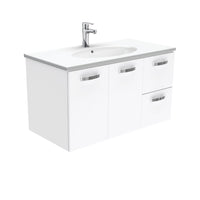 Fienza UniCab Gloss White 900 Wall Hung Cabinet, Solid Doors , With Moulded Basin-Top - Rotondo Ceramic Right Hand Drawer
