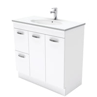 Fienza UniCab Gloss White 900 Cabinet on Kickboard, Solid Doors , With Moulded Basin-Top - Rotondo Ceramic Left Hand Drawer