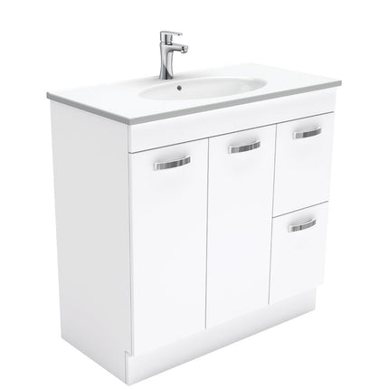 Fienza UniCab Gloss White 900 Cabinet on Kickboard, Solid Doors , With Moulded Basin-Top - Rotondo Ceramic Right Hand Drawer