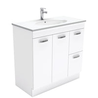 Fienza UniCab Gloss White 900 Cabinet on Kickboard, Solid Doors , With Moulded Basin-Top - Rotondo Ceramic Right Hand Drawer