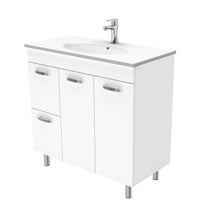 Fienza UniCab 900 Gloss White Cabinet on Legs, Left Hand Drawers, Solid Doors , With Moulded Basin-Top - Rotondo Ceramic