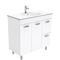 Fienza UniCab 900 Gloss White Cabinet on Legs, Right Hand Drawers, Solid Doors , With Moulded Basin-Top - Rotondo Ceramic