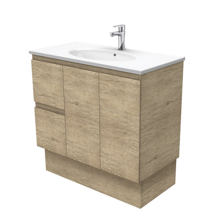 Fienza Edge Scandi Oak 900 Cabinet on Kickboard, Bevelled Edge , With Moulded Basin-Top - Rotondo Ceramic Left Hand Drawer