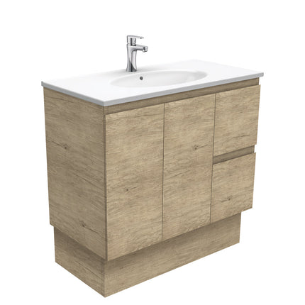 Fienza Edge Scandi Oak 900 Cabinet on Kickboard, Bevelled Edge , With Moulded Basin-Top - Rotondo Ceramic Right Hand Drawer