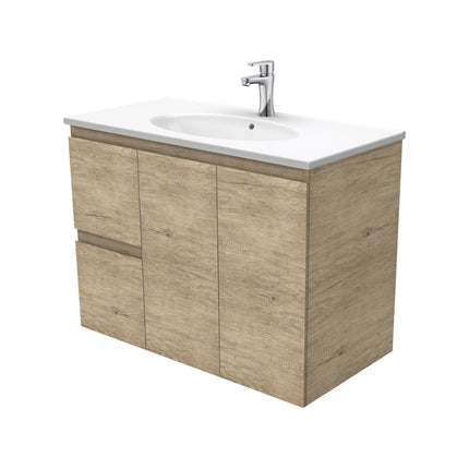 Fienza Edge Scandi Oak 900 Wall Hung Cabinet, Solid Doors, Bevelled Edge , With Moulded Basin-Top - Rotondo Ceramic Left Hand Drawer