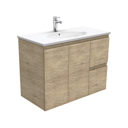 Fienza Edge Scandi Oak 900 Wall Hung Cabinet, Solid Doors, Bevelled Edge , With Moulded Basin-Top - Rotondo Ceramic Right Hand Drawer
