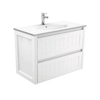 Fienza Hampton Satin White 900 Wall Hung Cabinet, 2 Solid Drawers , With Moulded Basin-Top - Rotondo Ceramic