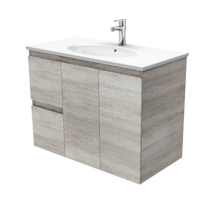 Fienza Edge Industrial 900 Wall Hung Cabinet, Solid Doors, Bevelled Edge , With Moulded Basin-Top - Rotondo Ceramic Left Hand Drawer