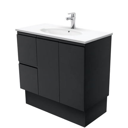 Fienza Fingerpull Satin Black 900 Cabinet on Kickboard, Solid Doors , With Moulded Basin-Top - Rotondo Ceramic Left Hand Drawer