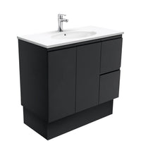 Fienza Fingerpull Satin Black 900 Cabinet on Kickboard, Solid Doors , With Moulded Basin-Top - Rotondo Ceramic Right Hand Drawer
