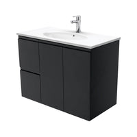 Fienza Fingerpull Satin Black 900 Wall Hung Cabinet, Solid Doors , With Moulded Basin-Top - Rotondo Ceramic Left Hand Drawer