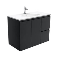Fienza Fingerpull Satin Black 900 Wall Hung Cabinet, Solid Doors , With Moulded Basin-Top - Rotondo Ceramic Right Hand Drawer