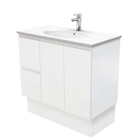Fienza Fingerpull Satin White 900 Cabinet on Kickboard, Solid Doors , With Moulded Basin-Top - Rotondo Ceramic Left Hand Drawer