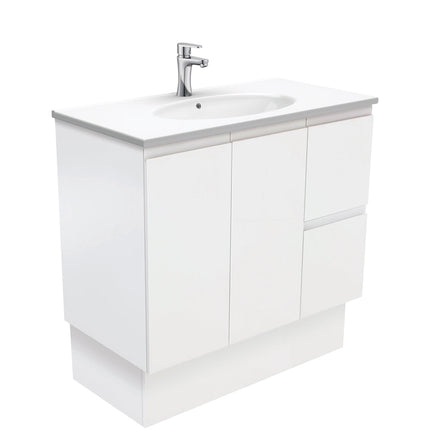 Fienza Fingerpull Satin White 900 Cabinet on Kickboard, Solid Doors , With Moulded Basin-Top - Rotondo Ceramic Right Hand Drawer