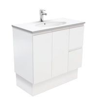Fienza Fingerpull Satin White 900 Cabinet on Kickboard, Solid Doors , With Moulded Basin-Top - Rotondo Ceramic Right Hand Drawer