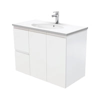 Fienza Fingerpull Satin White 900 Wall Hung Cabinet, Solid Doors , With Moulded Basin-Top - Rotondo Ceramic Left Hand Drawer