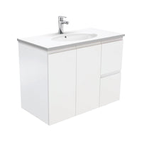 Fienza Fingerpull Satin White 900 Wall Hung Cabinet, Solid Doors , With Moulded Basin-Top - Rotondo Ceramic Right Hand Drawer