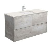 Fienza Amato Industrial 1200 Wall Hung Cabinet, Solid Drawers, Bevelled Edge , With Stone Top - Roman Sand Industrial Panels