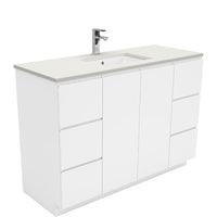 Fienza Fingerpull Gloss White 1200 Cabinet on Kickboard, Solid Doors , With Stone Top - Roman Sand