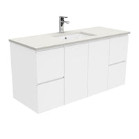 Fienza Fingerpull Gloss White 1200 Wall Hung Cabinet, Solid Doors , With Stone Top - Roman Sand