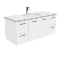 Fienza UniCab Gloss White 1200 Wall Hung Cabinet, Solid Doors , With Stone Top - Roman Sand