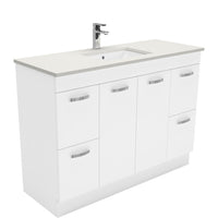 Fienza UniCab Gloss White 1200 Cabinet on Kickboard, Solid Doors , With Stone Top - Roman Sand
