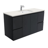 Fienza Fingerpull Satin Black 1200 Wall Hung Cabinet, Solid Doors , With Stone Top - Roman Sand
