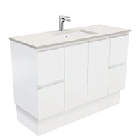 Fienza Fingerpull Satin White 1200 Cabinet on Kickboard, Solid Doors , With Stone Top - Roman Sand