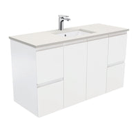 Fienza Figerpull Satin White 1200 Wall Hung Cabinet, Solid Doors , With Stone Top - Roman Sand