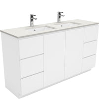Fienza Fingerpull Gloss White 1500 Cabinet on Kickboard, Solid Doors , With Stone Top - Roman Sand Double Bowl