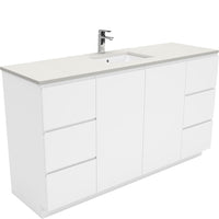 Fienza Fingerpull Gloss White 1500 Cabinet on Kickboard, Solid Doors , With Stone Top - Roman Sand Single Bowl